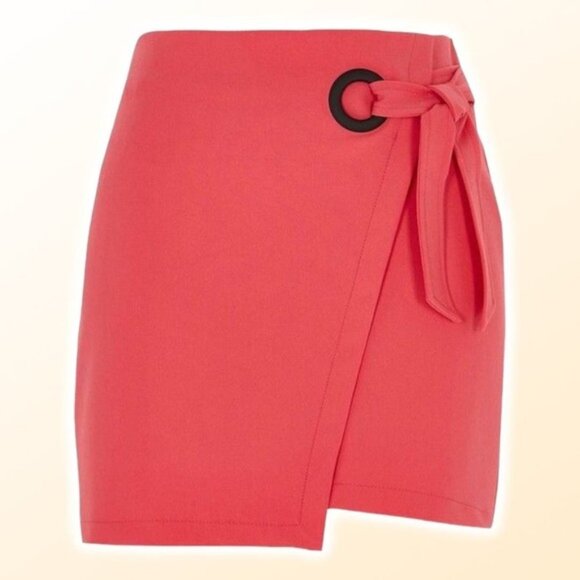 NWT RIVER ISLAND Pink Wrap Eyelet Tie-Up Mini Skirt Sz 6 - Picture 1 of 5